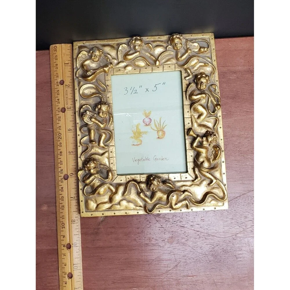 Decorative Ornate Cherubs Gold Picture Photo Frame Holds 3.5